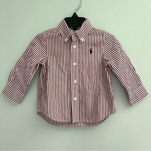 Ralph Lauren boys 12 months long sleeve button down stripes maroon white collar